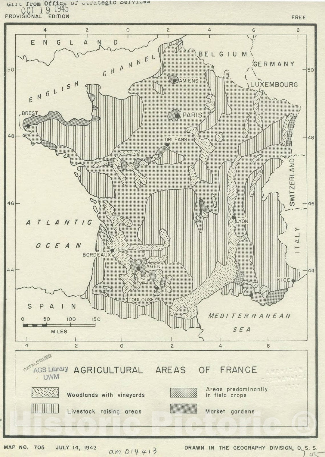 Map : France 1942, Agricultural areas of France , Antique Vintage Reproduction