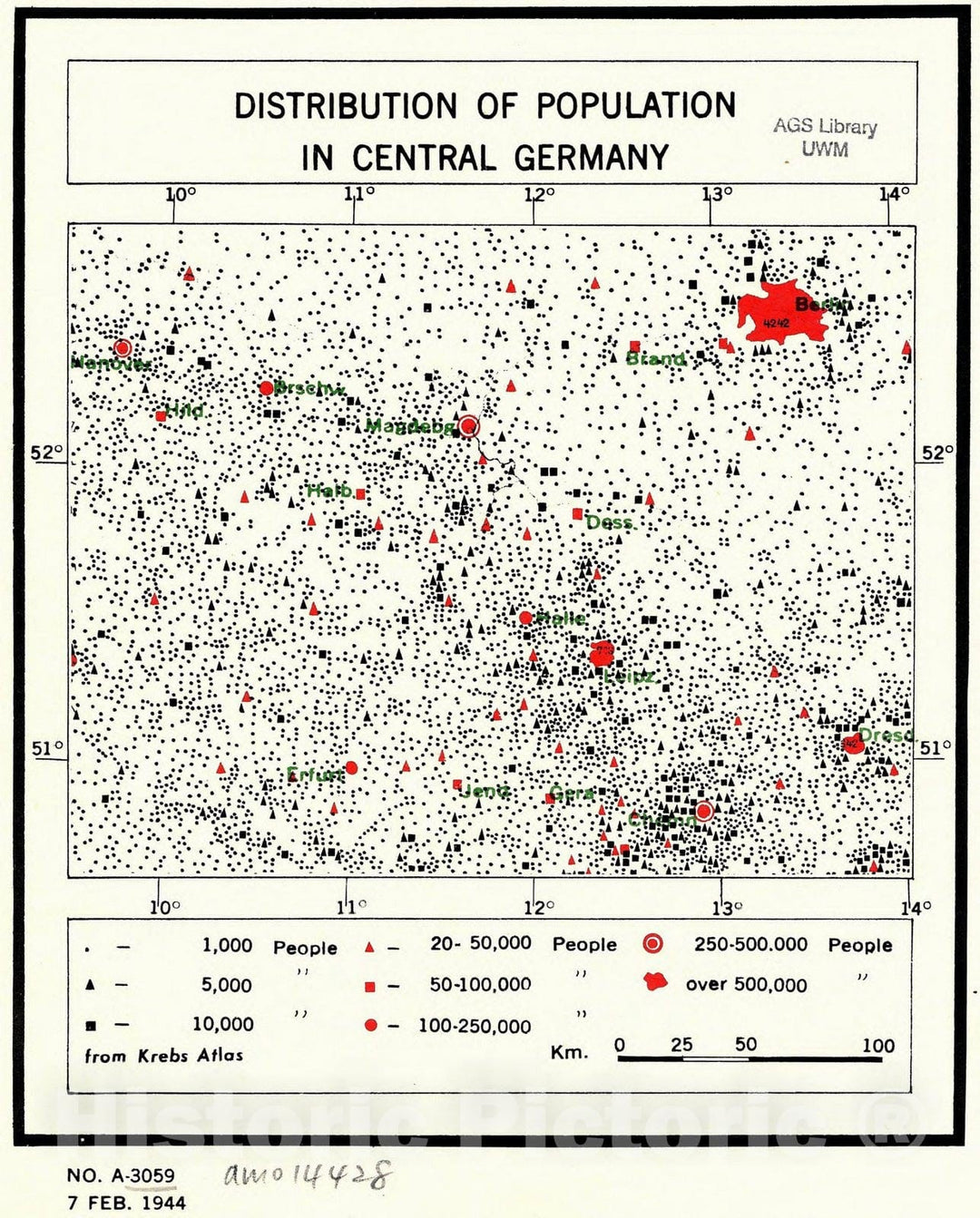 Map : Germany 1944, Distribution of Population in Central Germany, Antique Vintage Reproduction