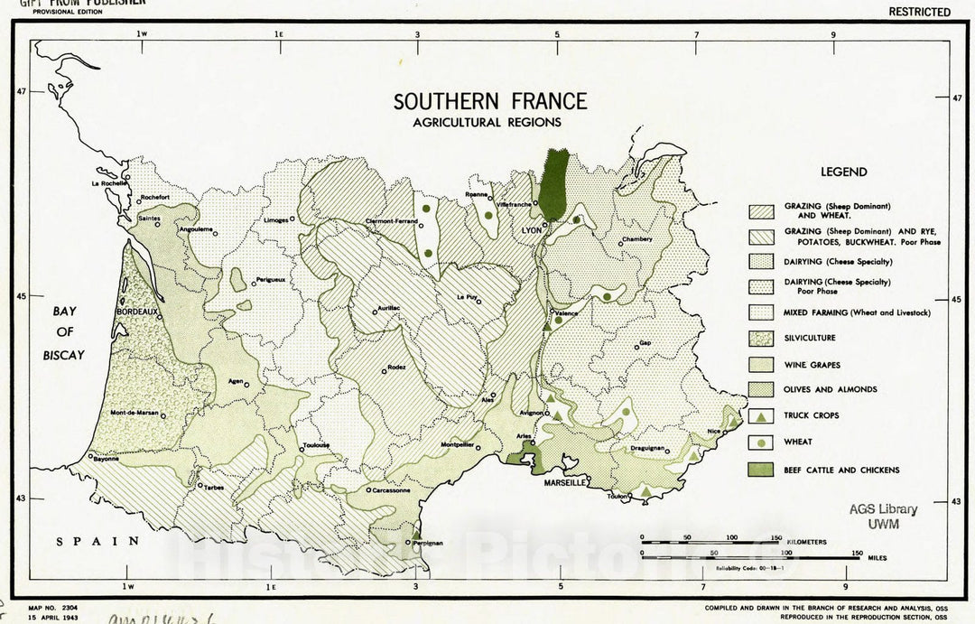 Map : France 1943, Southern France : agricultural regions , Antique Vintage Reproduction