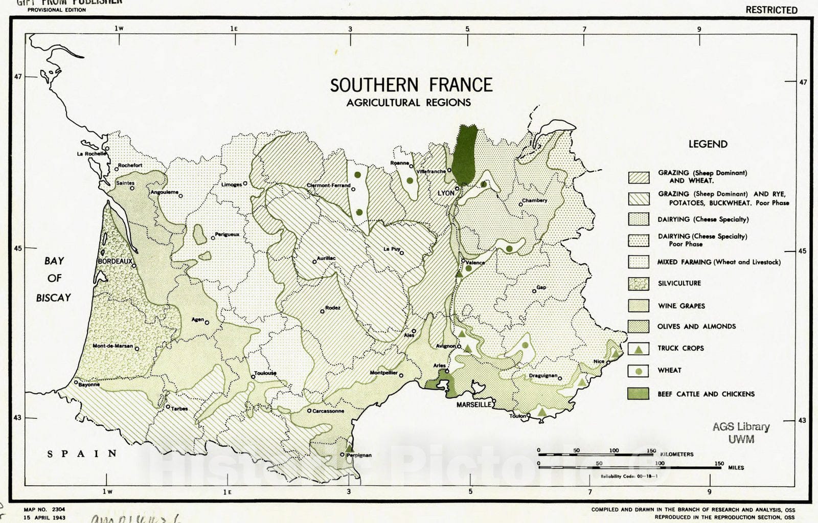 Map : France 1943, Southern France : agricultural regions , Antique Vintage Reproduction