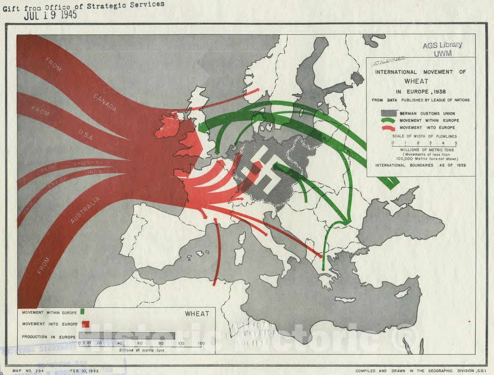 Map : Europe 1942, International movement of wheat in Europe, 1938 , Antique Vintage Reproduction