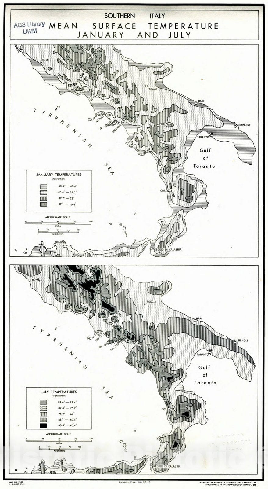 Map : Italy 1943, Southern Italy, mean surface temperature, January and July , Antique Vintage Reproduction