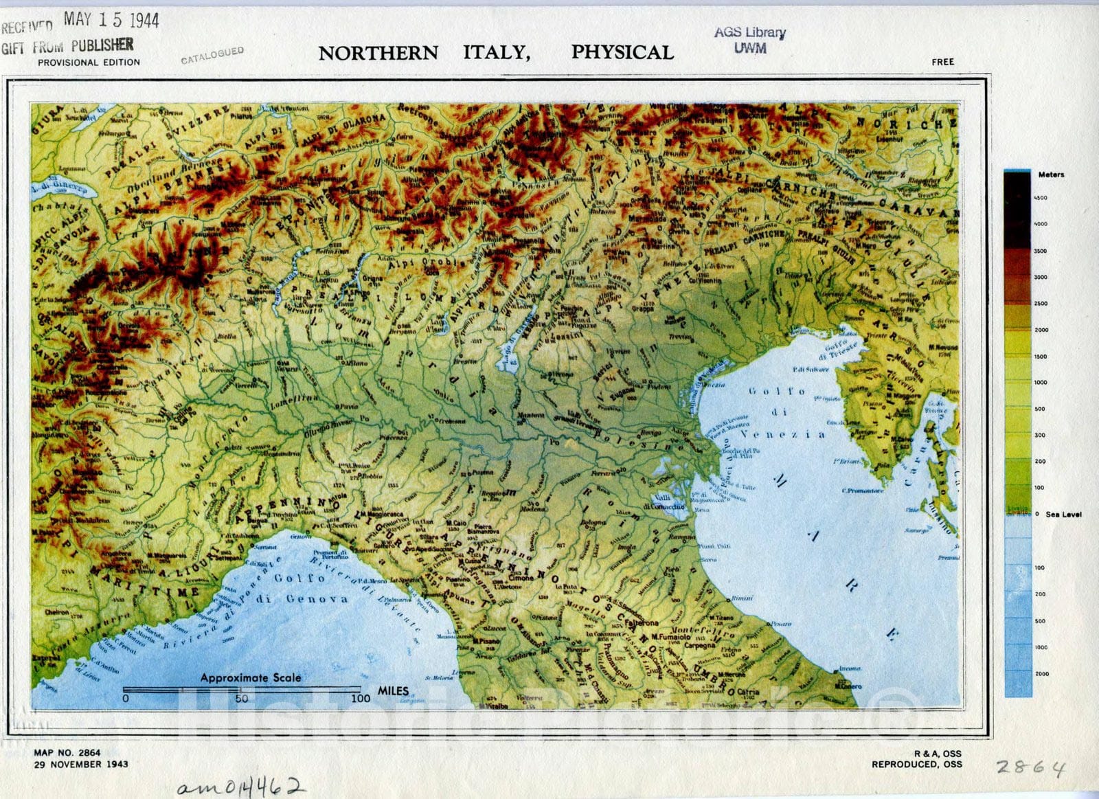 Map : Italy, northern 1943, Northern Italy, physical , Antique Vintage Reproduction