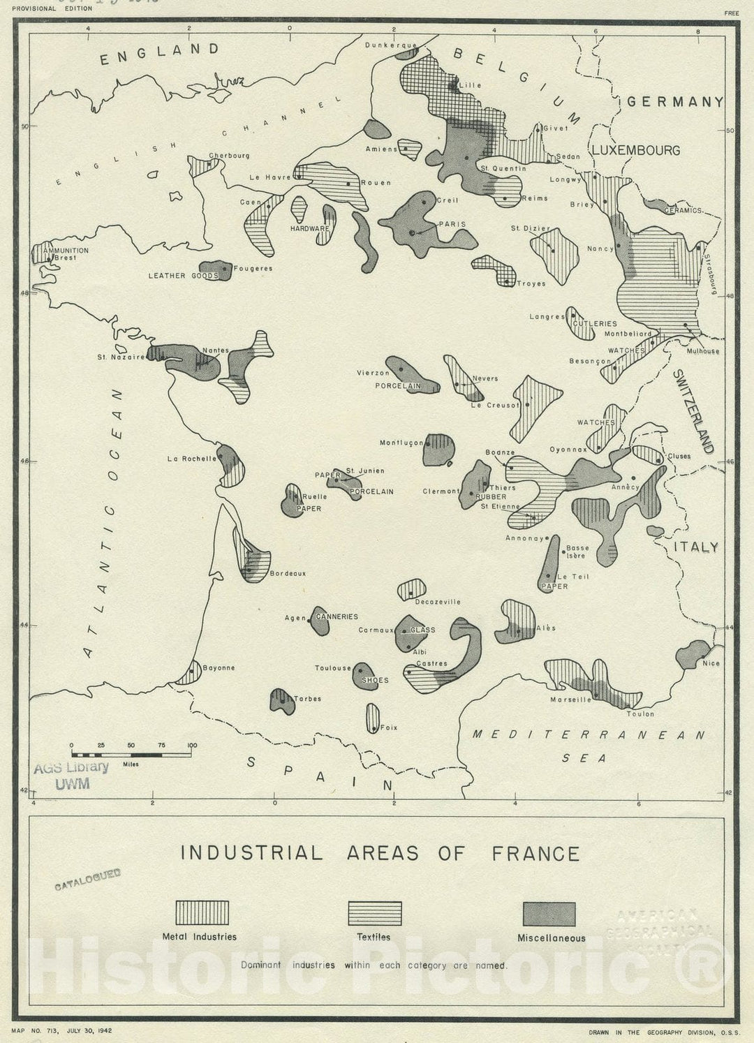 Map : France 1942, Industrial areas of France , Antique Vintage Reproduction