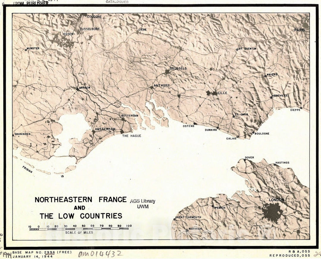 Map : France 1944, Northeastern France and the low countries , Antique Vintage Reproduction