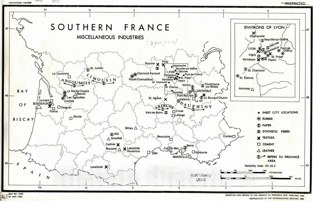 Map : France 1943, Southern France : miscellaneous industries , Antique Vintage Reproduction