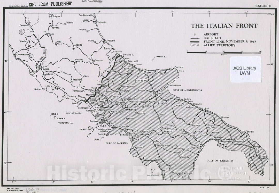 Map : Italy 1943 3, The Italian front , Antique Vintage Reproduction