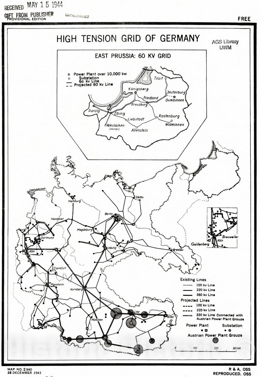 Map : Germany 1943, High tension grid of Germany , Antique Vintage Reproduction