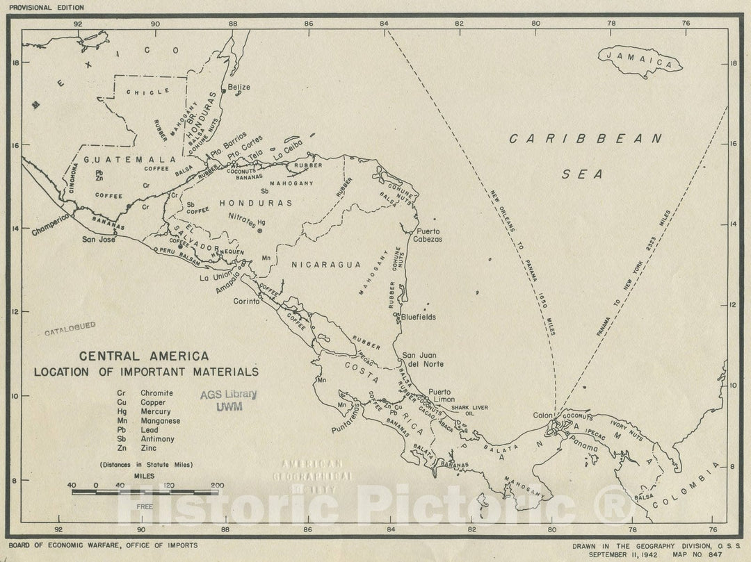 Map : Central America 1942, Central America : location of important materials , Antique Vintage Reproduction