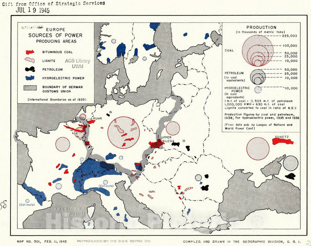 Map : Europe 1942, Europe, sources of power, producing areas , Antique Vintage Reproduction