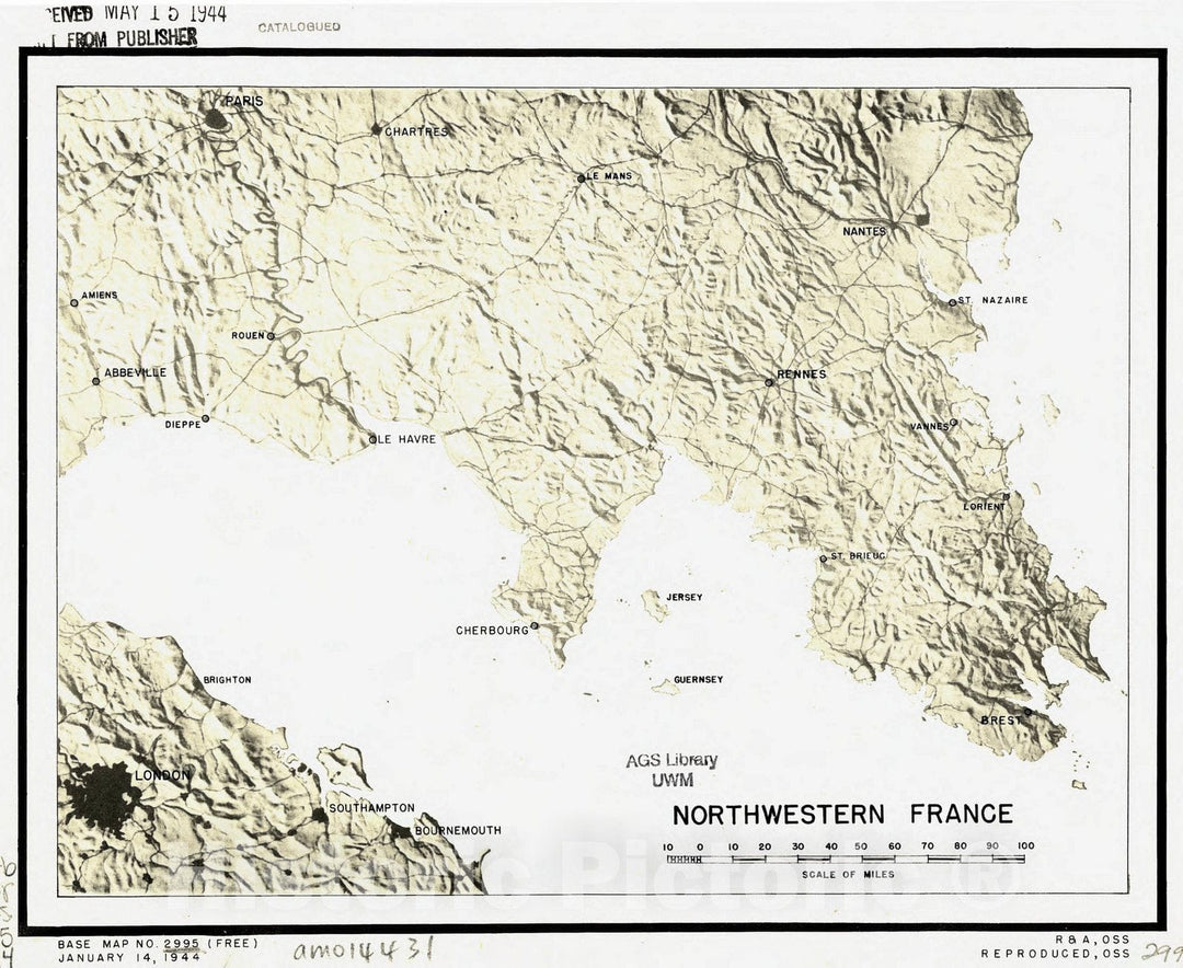 Map : France 1944, Northwestern France , Antique Vintage Reproduction