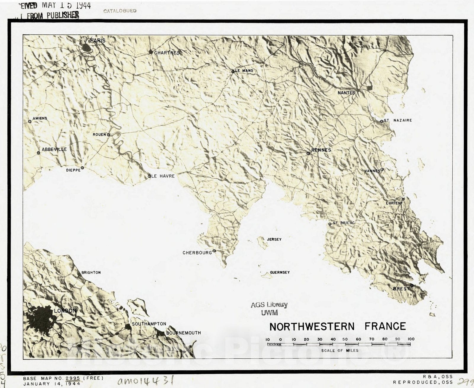 Map : France 1944, Northwestern France , Antique Vintage Reproduction