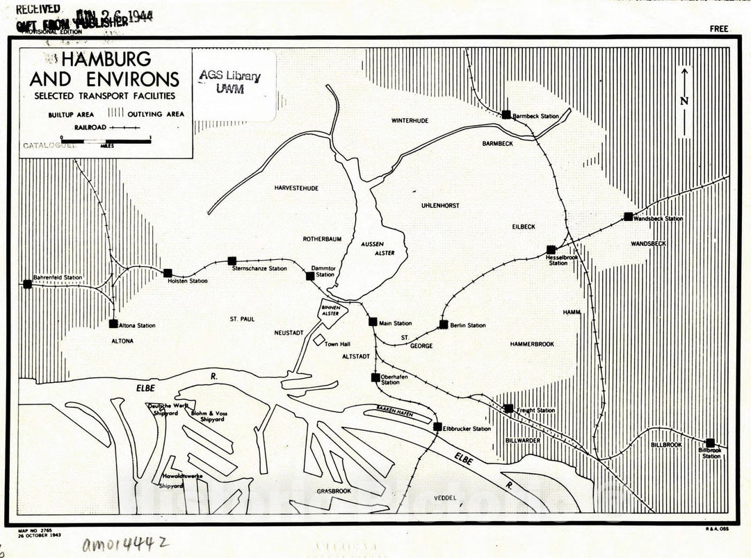 Map : Hamburg, Germany 1943, Hamburg and environs : selected transport facilities , Antique Vintage Reproduction