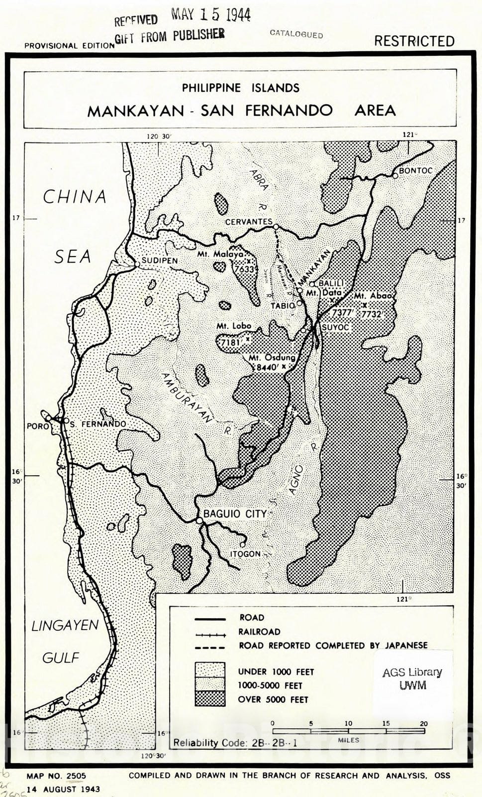 Map : Philippines 1943, Philippine islands, Mankayan-San Fernando area , Antique Vintage Reproduction