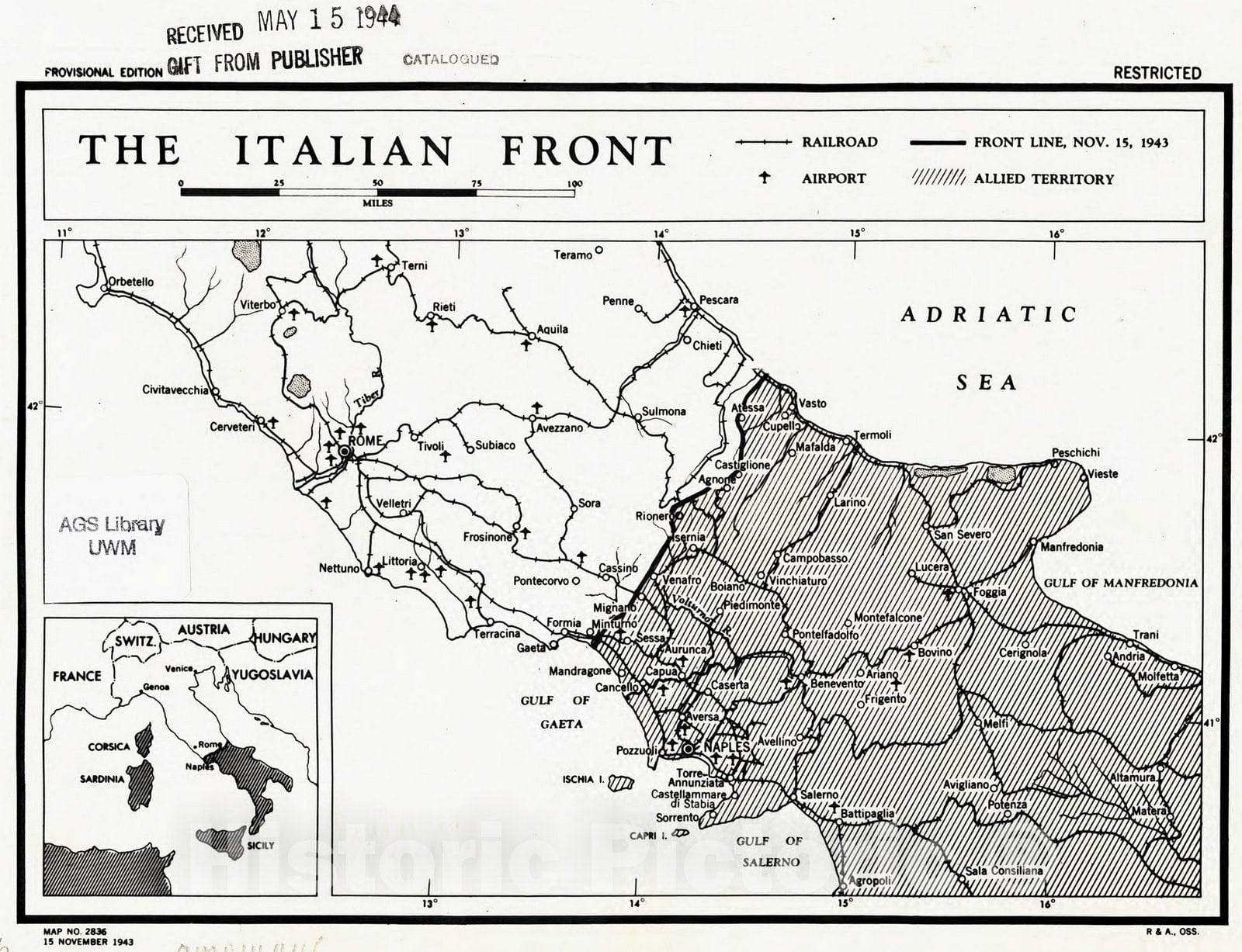 Map : Italy 1943 4, The Italian front , Antique Vintage Reproduction