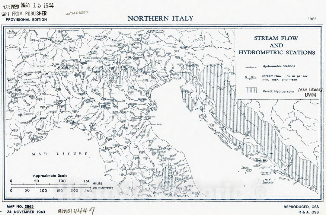 Map : Italy 1943, Northern Italy : stream flow and hydrometric stations , Antique Vintage Reproduction