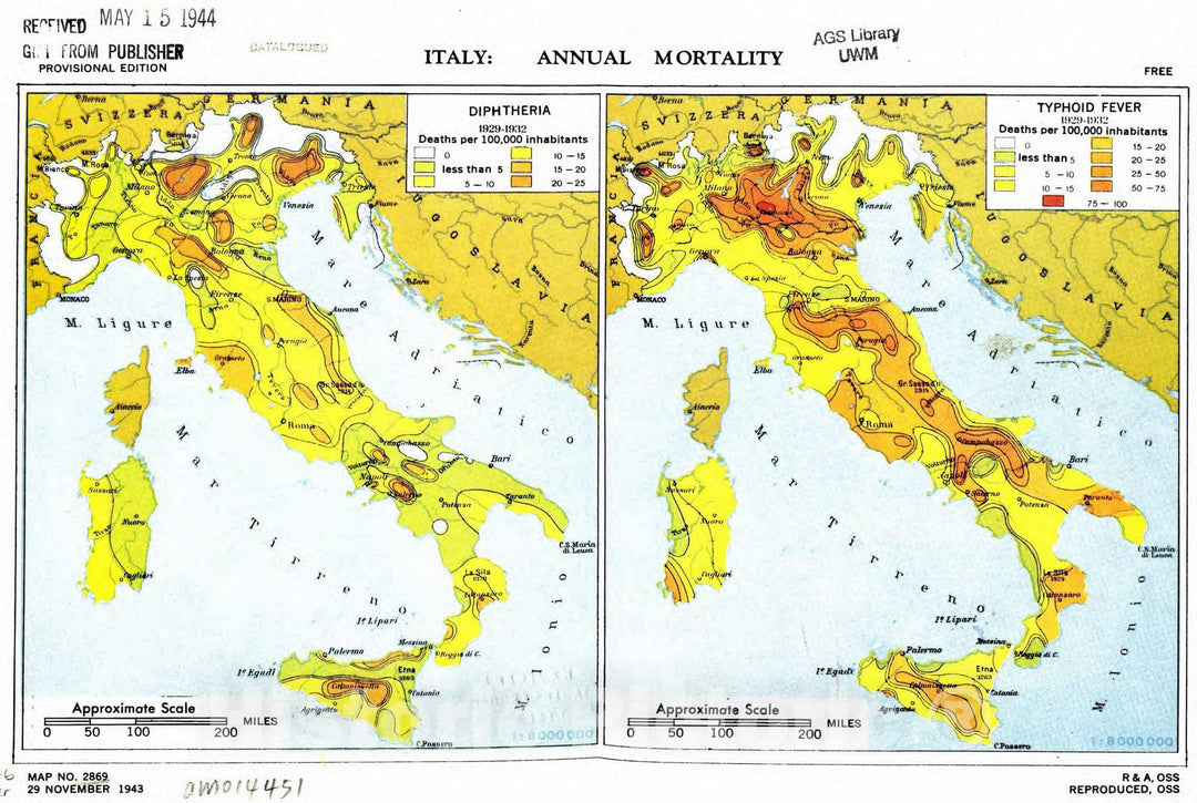 Map : Italy 1943, Italy: annual mortality , Antique Vintage Reproduction