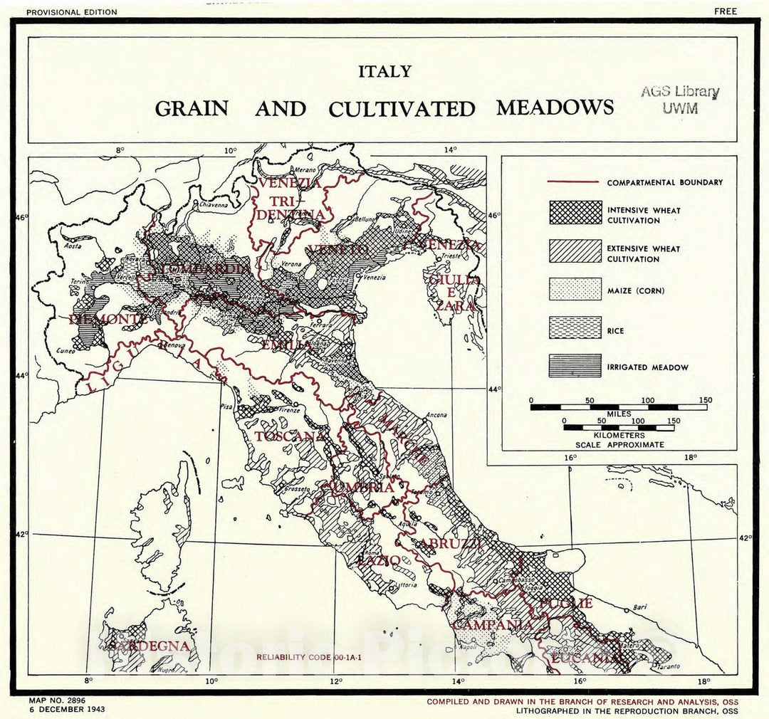 Map : Italy 1943, Italy: grain and cultivated meadows , Antique Vintage Reproduction