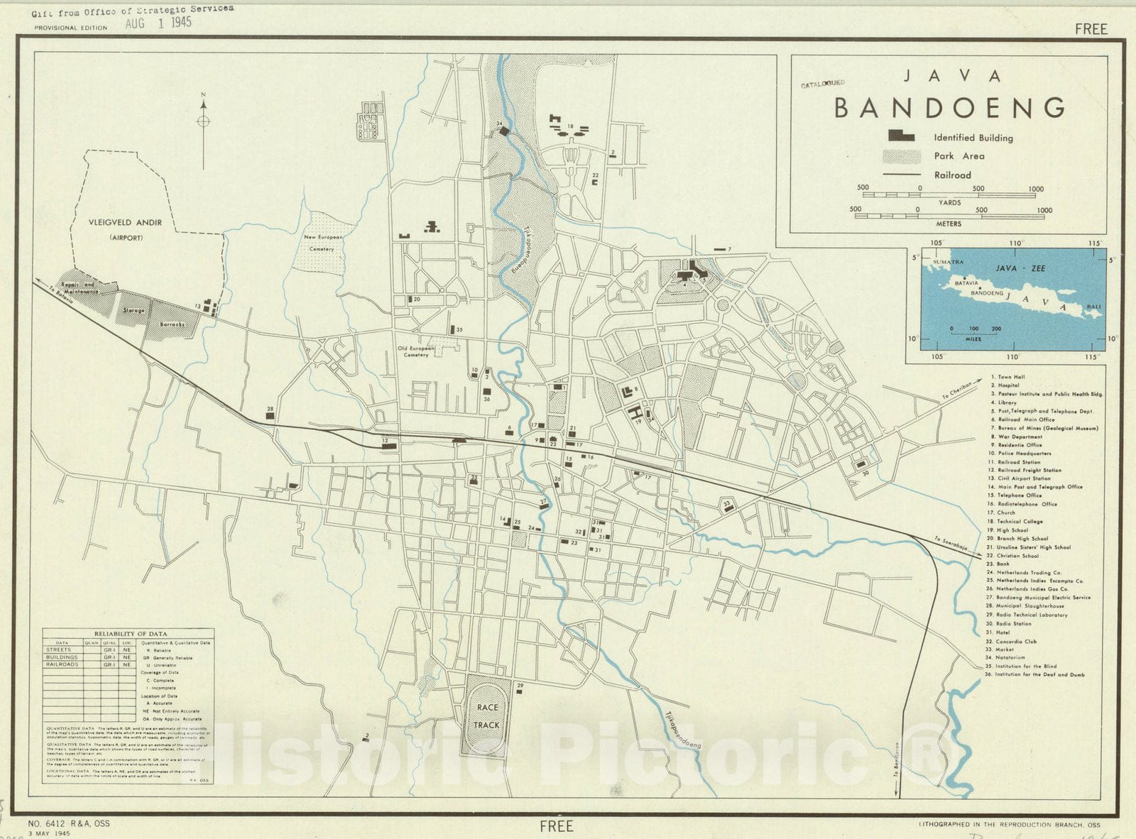 Map : Java, Indonesia 1945, Java, Bandoeng , Antique Vintage Reproduction