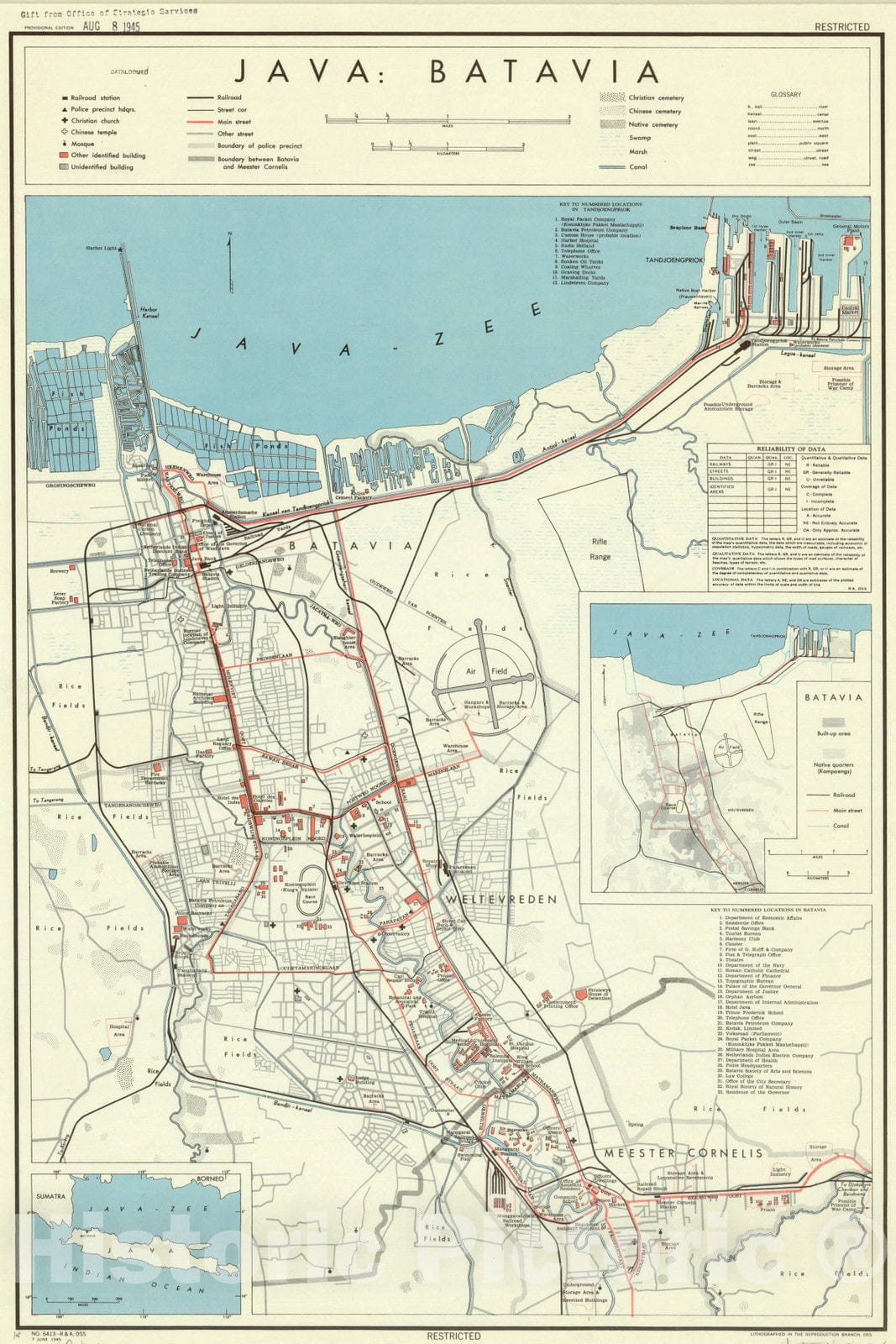 Map : Java, Indonesia 1945, Java : Batavia , Antique Vintage Reproduction