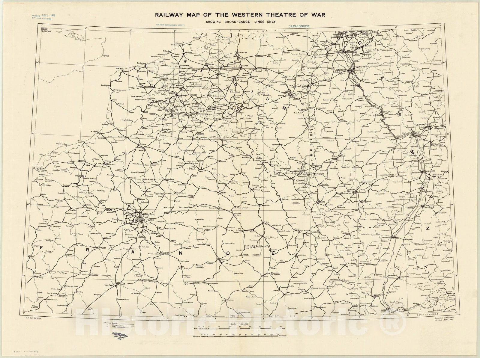 Map : Europe 1918, Railway map of the western theatre of war showing broad-guage lines only, Antique Vintage Reproduction