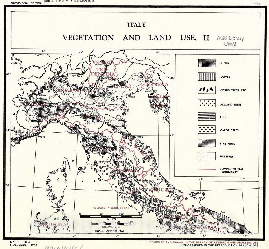 Map : Italy 1943 2, Italy, vegetation and land use , Antique Vintage Reproduction