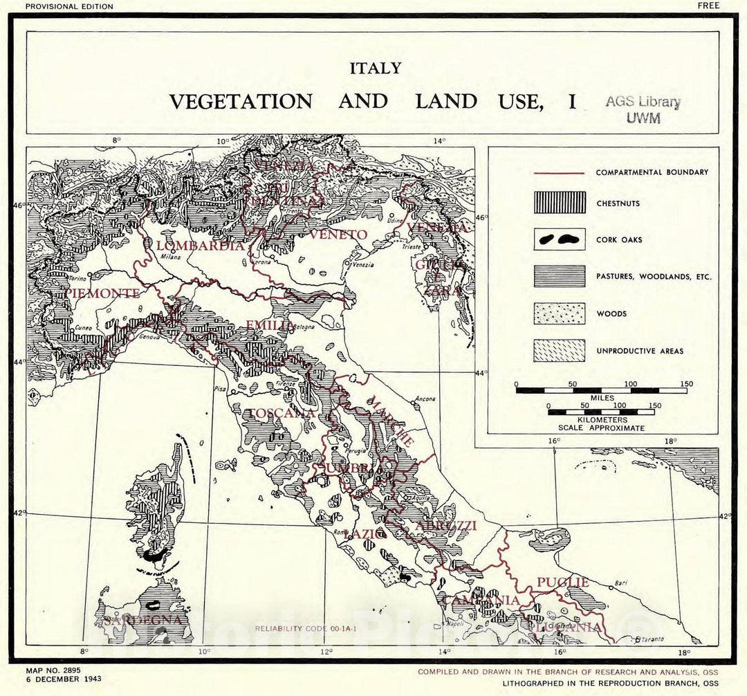 Map : Italy 1943 1, Italy, vegetation and land use , Antique Vintage Reproduction