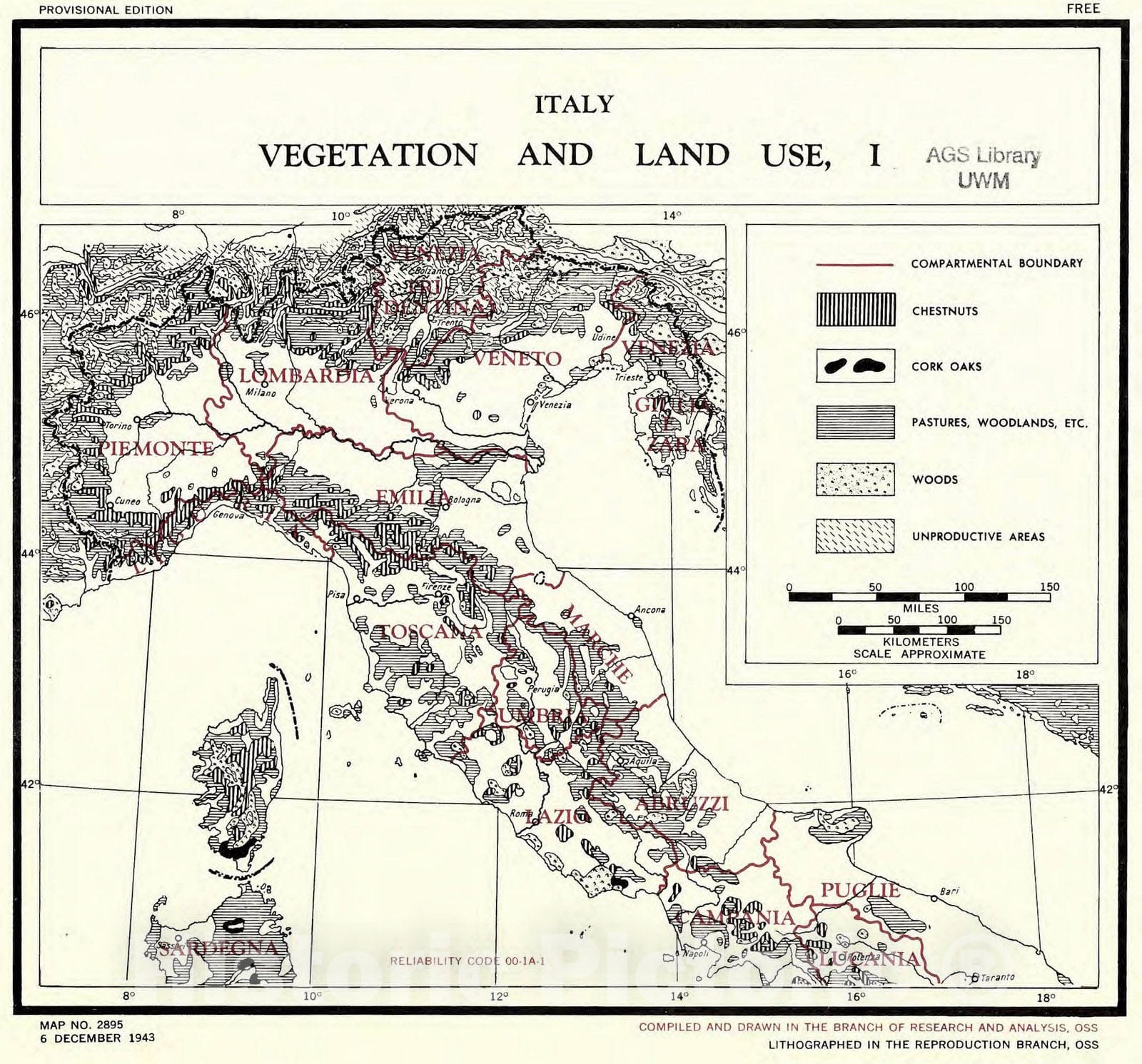 Map : Italy 1943 1, Italy, vegetation and land use , Antique Vintage Reproduction