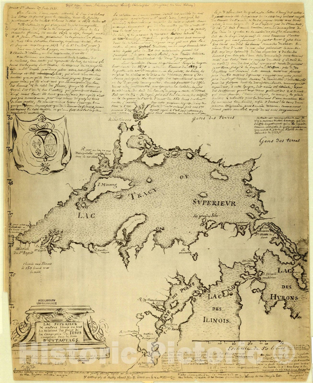 Map : Lake Superior 1672 1954, Lac Superieur et autres lieux ou sont les Mission des Peres de la Compagnie de Jesus comprises sous le nom D'outaouacs