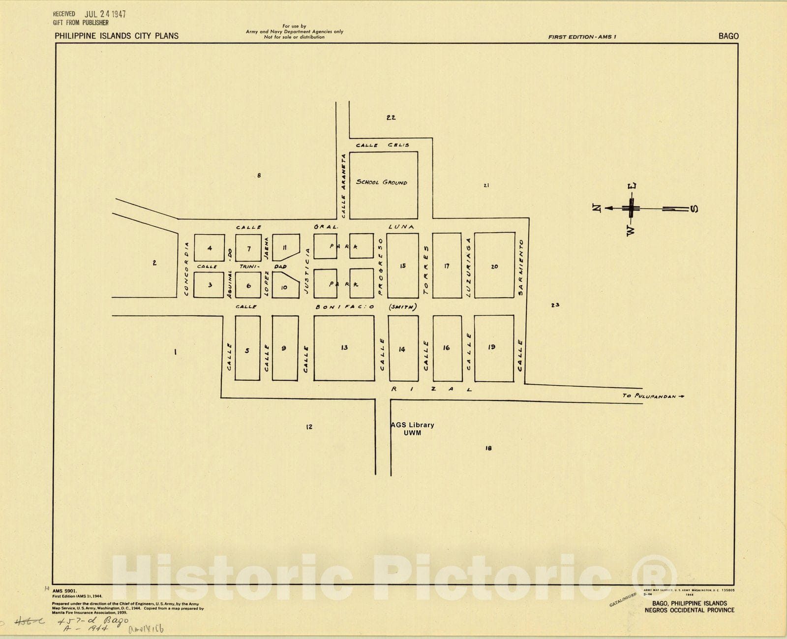 Map : Bago, Philippines 1944, Bago, Philippine Islands, Negros Occidental Province, Antique Vintage Reproduction