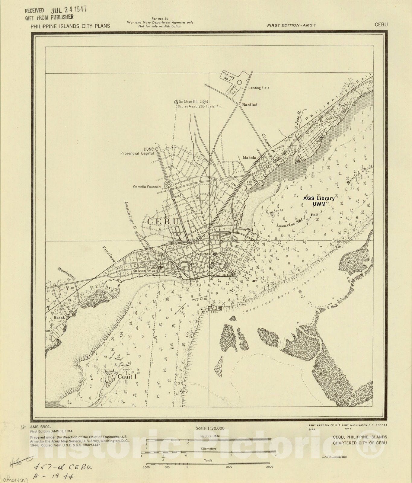 Map : Cebu, Philippines 1944, Cebu, Philippine Islands, chartered city of Cebu, Antique Vintage Reproduction