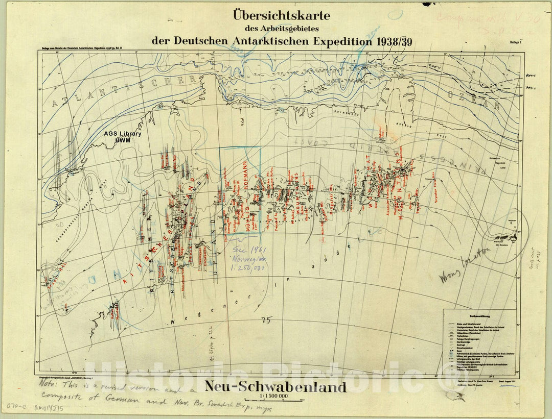 Map : Antarctica 1952, Ubersichtskarte des Arbeitsgebietes der Deutschen Antarktischen Expedition 1938, Antique Vintage Reproduction