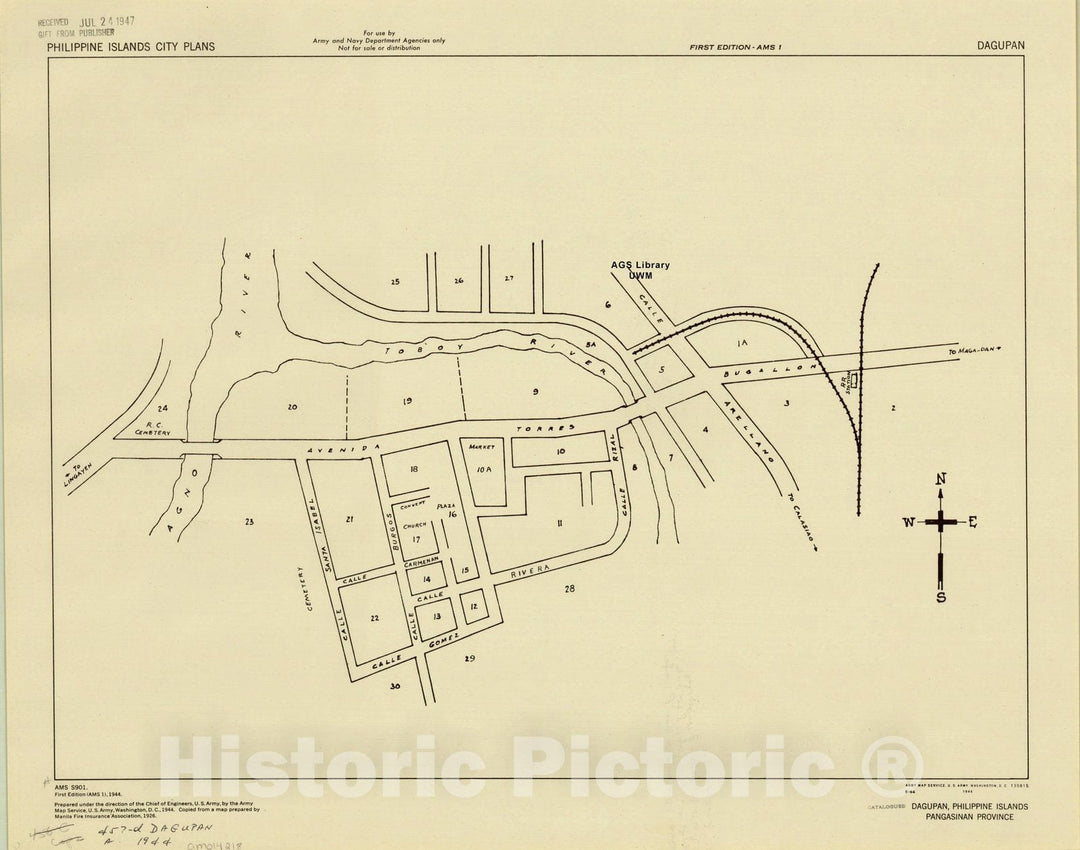 Map : Dagupan, Philippines 1944, Dagupan, Philippine Islands : Pangasinan Province , Antique Vintage Reproduction