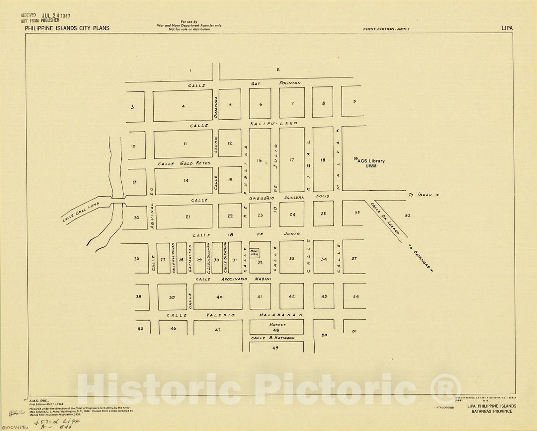 Map : Lipa, Philippines 1944, Lipa, Philippine Islands, Batangas Province, Antique Vintage Reproduction