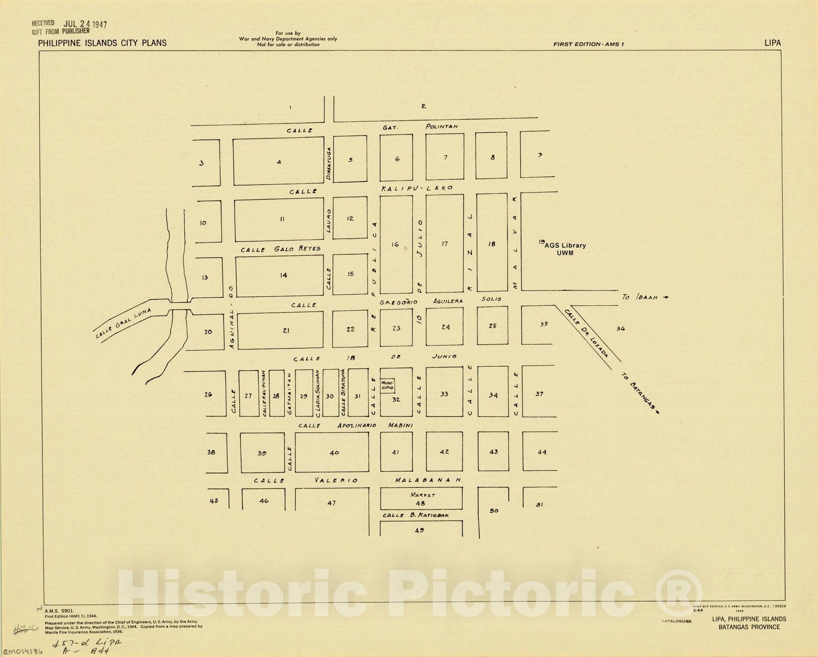 Map : Lipa, Philippines 1944, Lipa, Philippine Islands, Batangas Province, Antique Vintage Reproduction