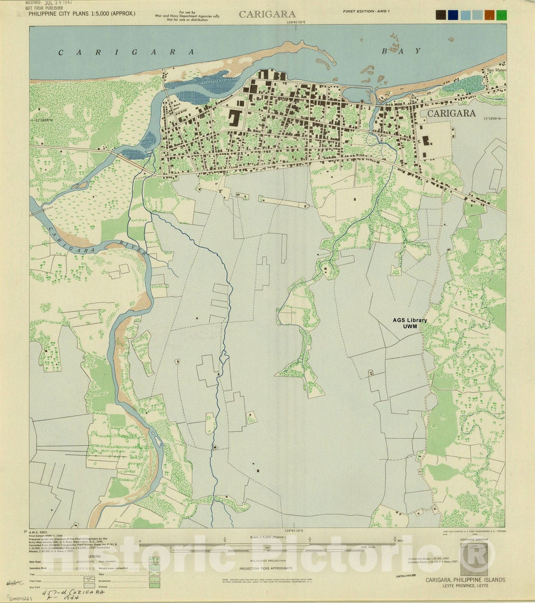 Map : Carigara, Philippines 1944, Carigara, Philippine Islands, Leyte Province, Leyte, Antique Vintage Reproduction