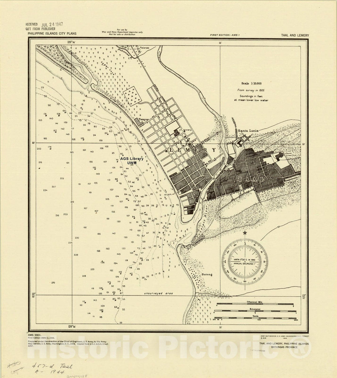 Map : Taal and Lemery, Philippines 1944, Taal and Lemery, Philippine Islands, Batangas Province, Antique Vintage Reproduction