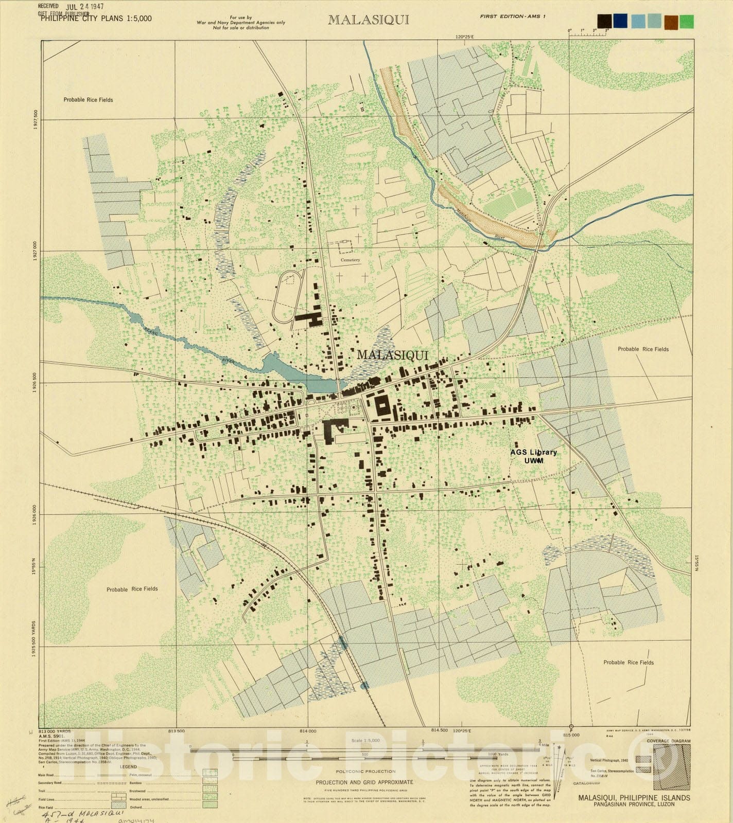 Map : Malasiqui, Philippines 1944, Malasiqui, Philippine Islands, Pangasinan Province, Luzon, Antique Vintage Reproduction