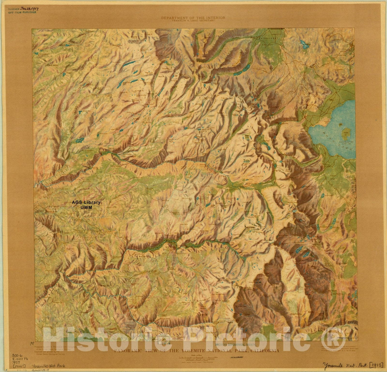 Map : Yosemite National Park, California [1914?], Panoramic view of the Yosemite National Park, California, Antique Vintage Reproduction