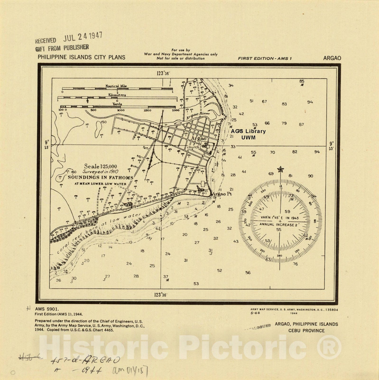 Map : Argao, Philippines 1944, Argao, Philippine Islands, Cebu Province, Antique Vintage Reproduction