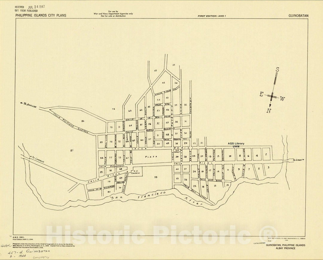 Map : Guinobatan, Philippines 1944, Guinobatan, Philippine Islands, Albay Province, Antique Vintage Reproduction