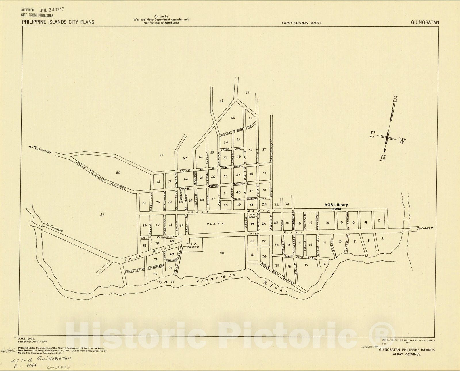 Map : Guinobatan, Philippines 1944, Guinobatan, Philippine Islands, Albay Province, Antique Vintage Reproduction