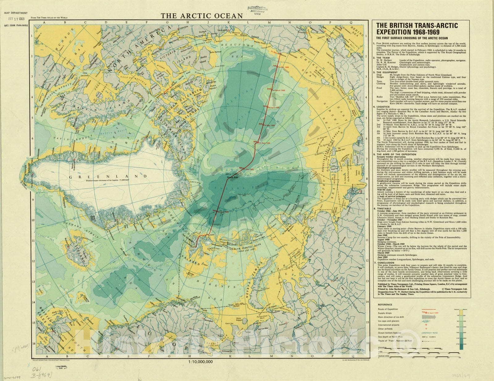 Map : Arctic region 1969, The Arctic Ocean , Antique Vintage Reproduction