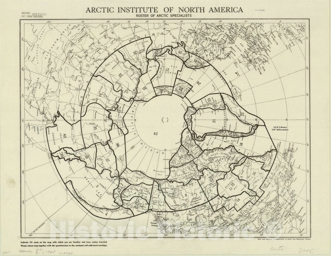 Map : Arctic region 1948, Arctic Institute of North America, roster of Arctic specialists, Antique Vintage Reproduction