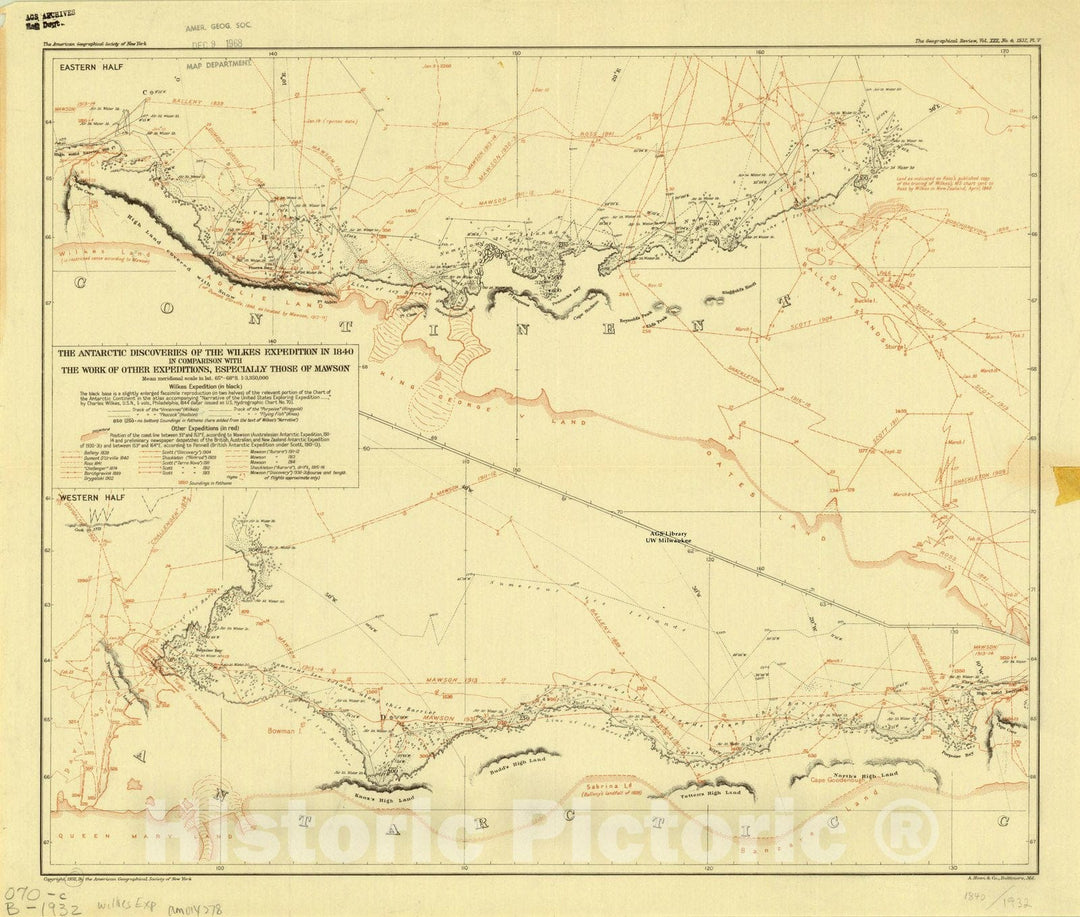 Map : Antarctic region 1932, The Antarctic discoveries of the Wilkes Expedition in 1840 : in comparison with the work of other expeditions, especially those of Mawson