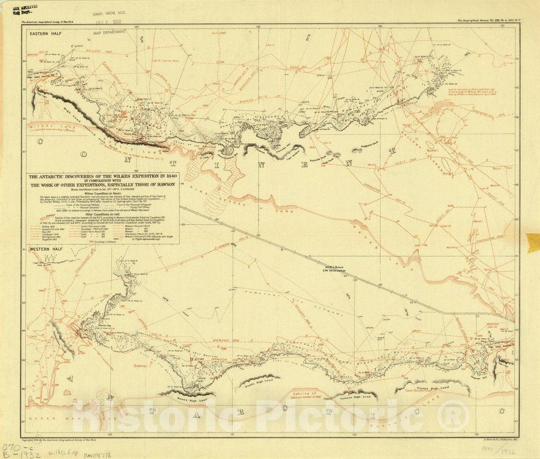 Map : Antarctica 1932, The Antarctic discoveries of the Wilkes Expedition in 1840 : in comparison with the work of other expeditions, especially those of Mawson