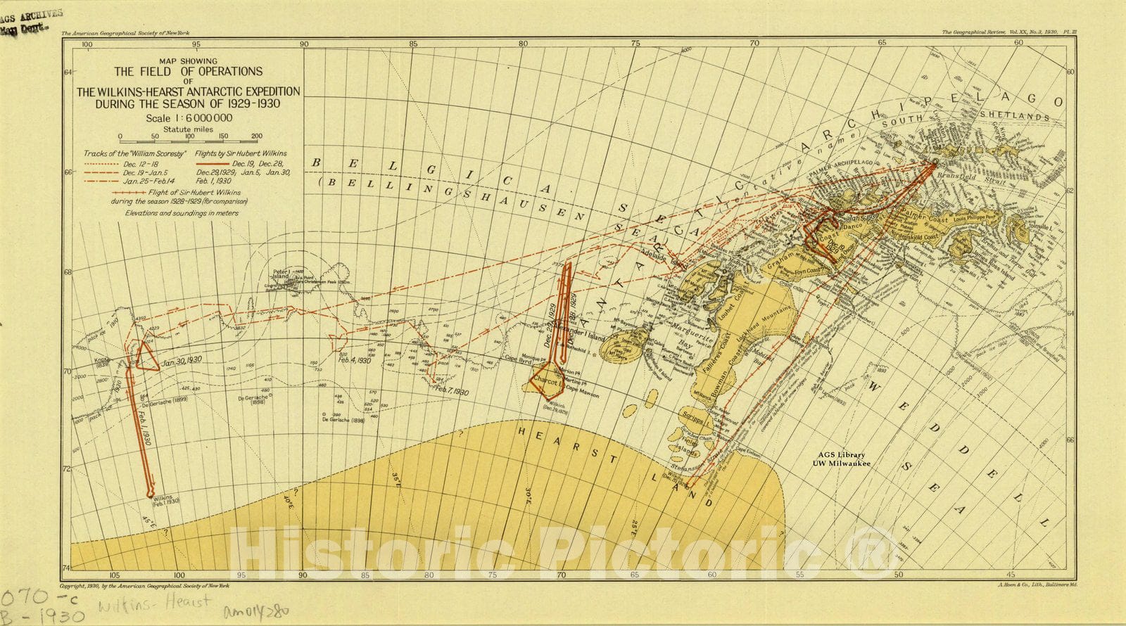 Map : Antarctica 1930 1, Map showing the field of operations of the Wilkins-Hearst Antarctic Expedition during the season of 1929-1930 , Antique Vintage Reproduction