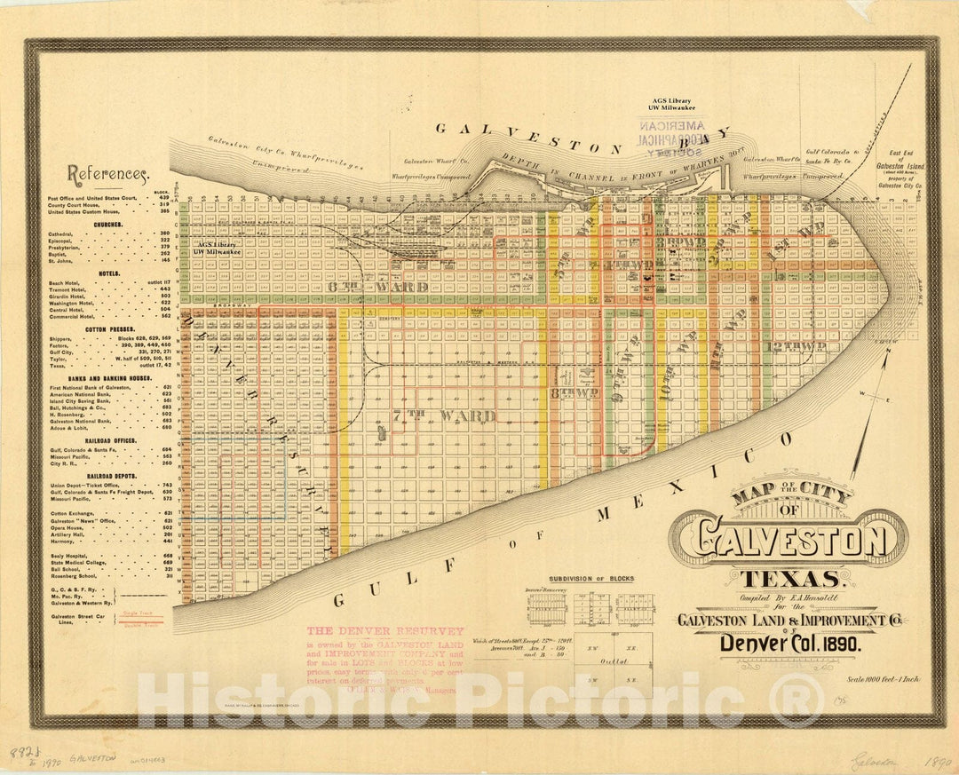 Map : Galveston, Texas 1890, Map of the city of Galveston, Texas , Antique Vintage Reproduction