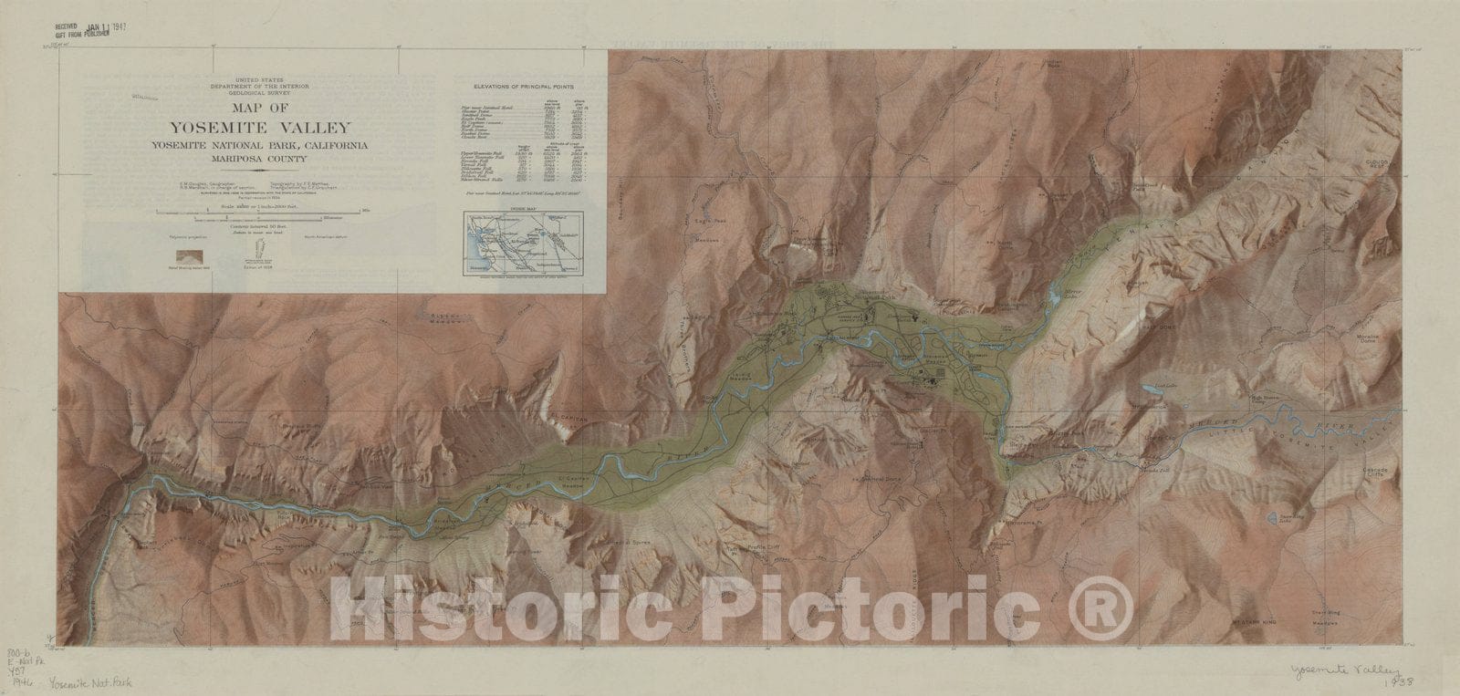 Map : Yosemite Valley (California) 1946, Map of Yosemite Valley, Yosemite National Park, California, Mariposa County, Antique Vintage Reproduction