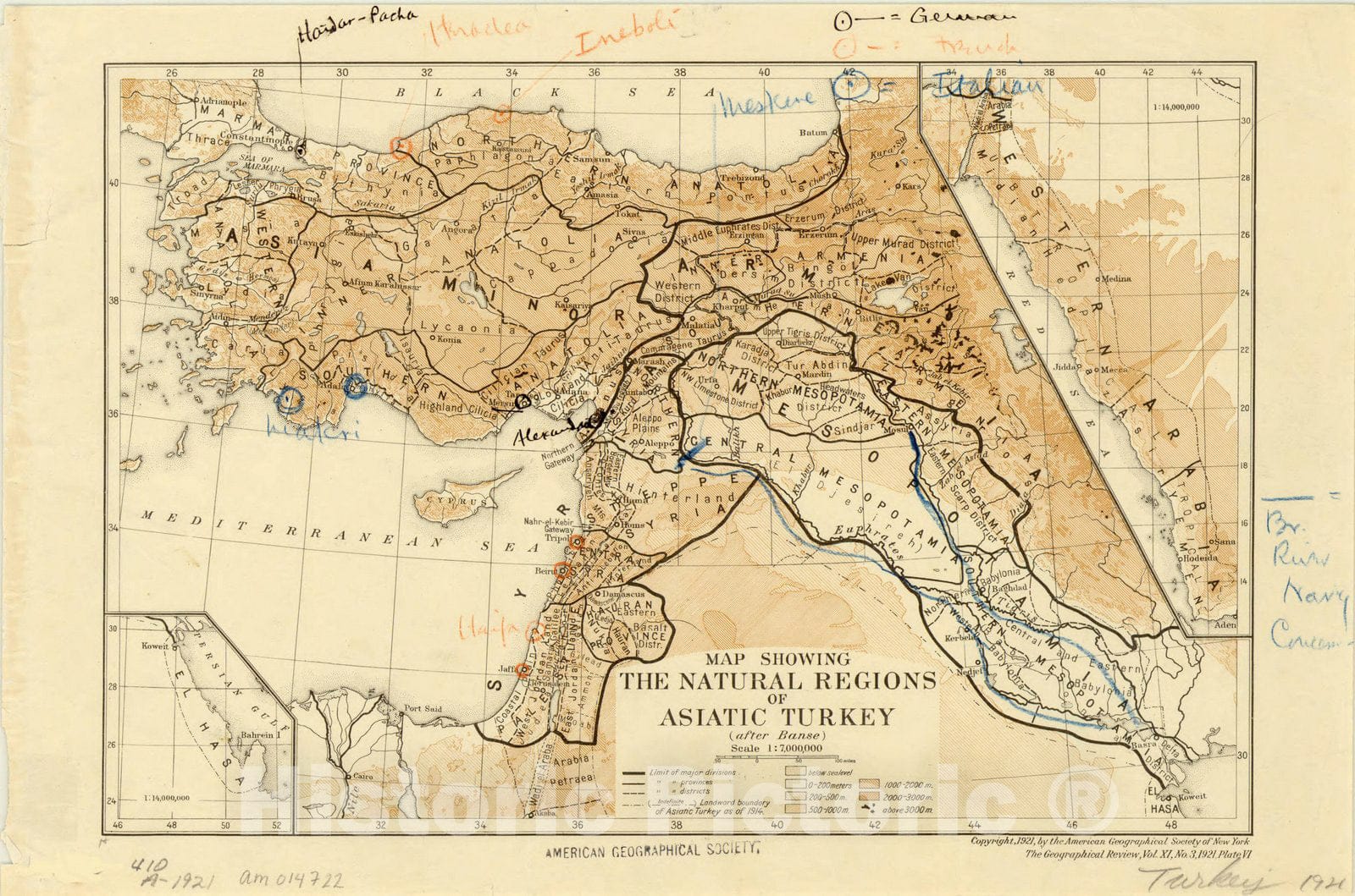 Map : Turkey 1921, Map showing the natural regions of Asiatic Turkey (after Banse), Antique Vintage Reproduction